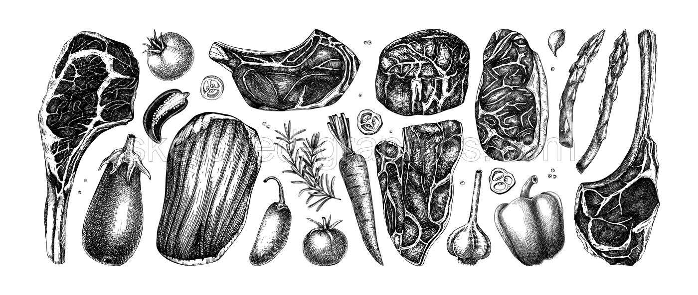 Healthy food sketches set. Meat and vegetable vector icons. Raw steaks drawings. Hand drawn food illustrations. NOT AI generated Illustration